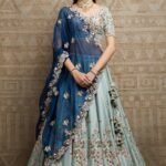 Powder Blue Floral Embroidered Lehenga with Navy Dupatta